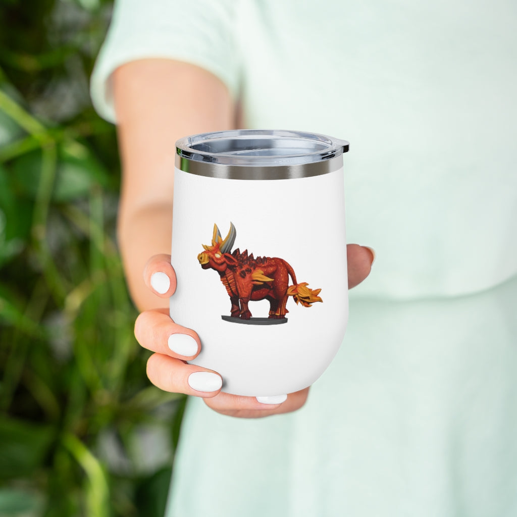 Fire Bull 12oz Insulated Wine Tumbler with clear lid, showcasing its sleek stainless steel design and vibrant colors.