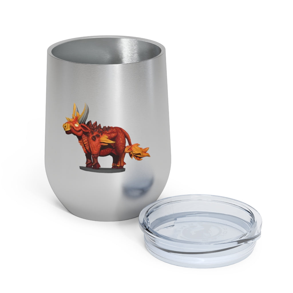 Fire Bull 12oz Insulated Wine Tumbler with clear lid, showcasing its sleek stainless steel design and vibrant colors.