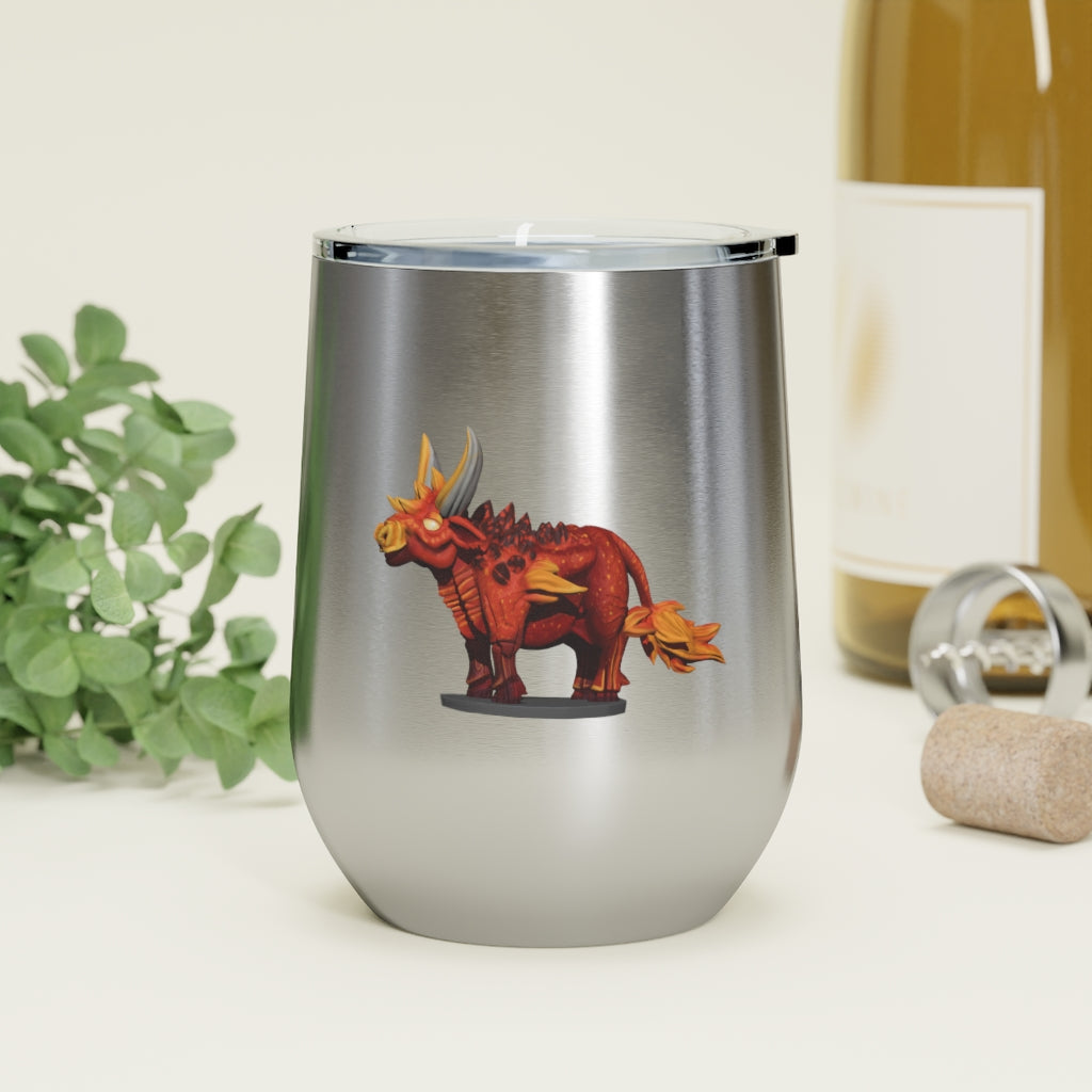 Fire Bull 12oz Insulated Wine Tumbler with clear lid, showcasing its sleek stainless steel design and vibrant colors.