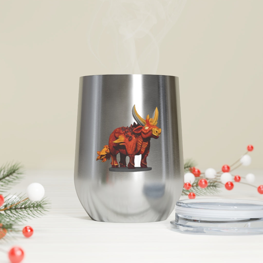 Fire Bull 12oz Insulated Wine Tumbler in stainless steel with a clear plastic lid, perfect for hot and cold beverages.