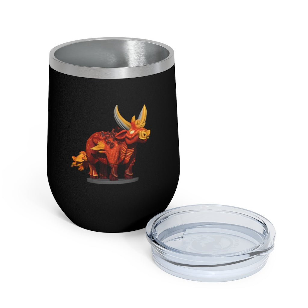 Fire Bull 12oz Insulated Wine Tumbler in stainless steel with a clear plastic lid, perfect for hot and cold beverages.