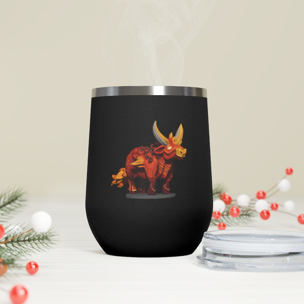 Fire Bull 12oz Insulated Wine Tumbler in stainless steel with a clear plastic lid, perfect for hot and cold beverages.