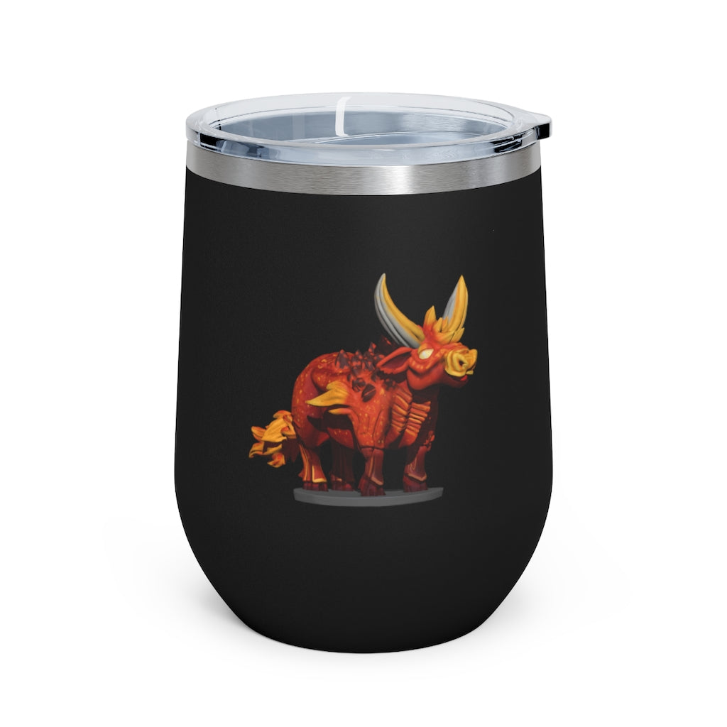 Fire Bull 12oz Insulated Wine Tumbler in stainless steel with a clear plastic lid, perfect for hot and cold beverages.