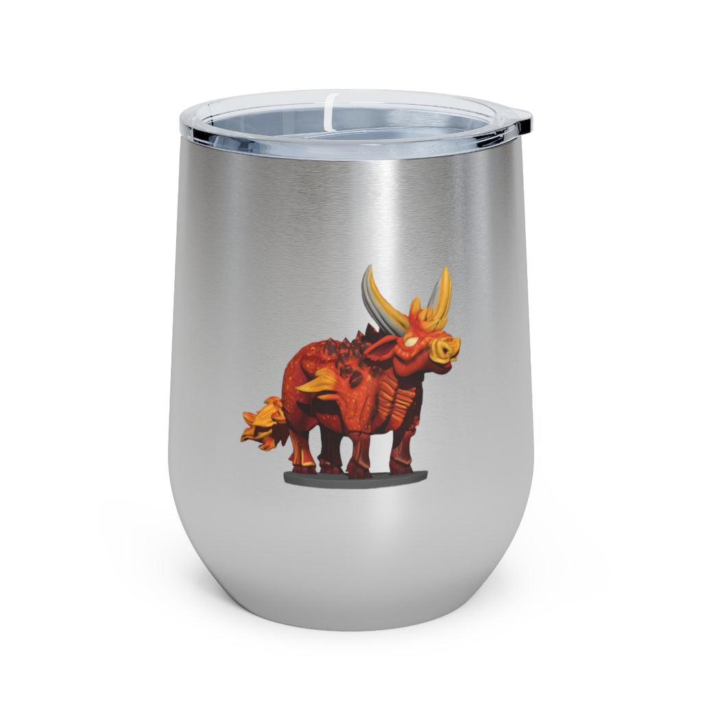 Fire Bull 12oz Insulated Wine Tumbler in stainless steel with a clear plastic lid, perfect for hot and cold beverages.