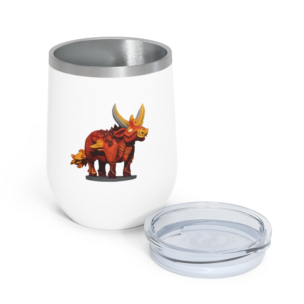 Fire Bull 12oz Insulated Wine Tumbler in stainless steel with a clear plastic lid, perfect for hot and cold beverages.