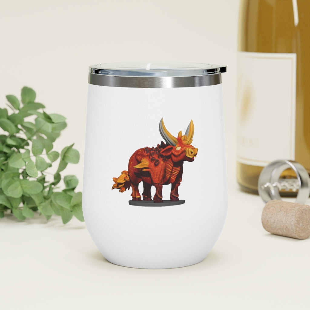 Fire Bull 12oz Insulated Wine Tumbler in stainless steel with a clear plastic lid, perfect for hot and cold beverages.