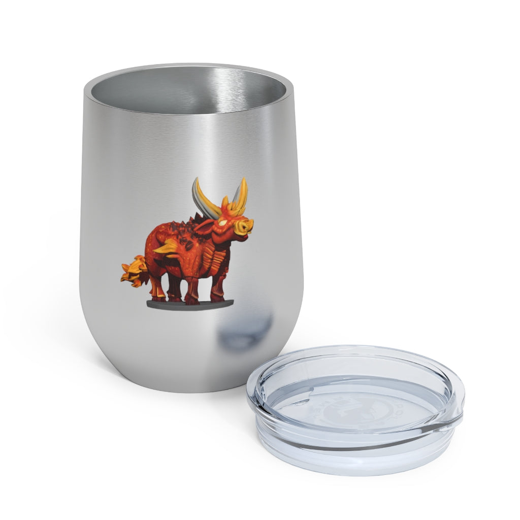 Fire Bull 12oz Insulated Wine Tumbler in stainless steel with a clear plastic lid, perfect for hot and cold beverages.