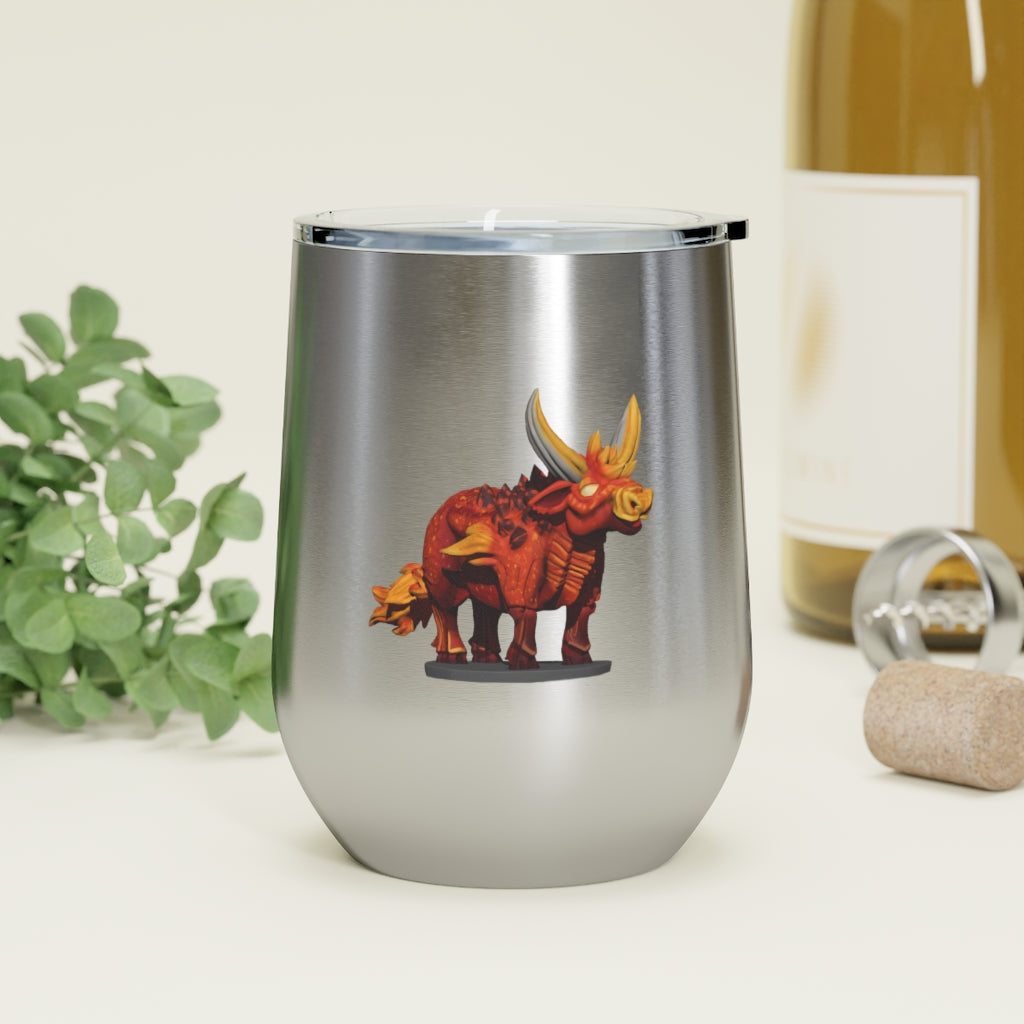 Fire Bull 12oz Insulated Wine Tumbler in stainless steel with a clear plastic lid, perfect for hot and cold beverages.