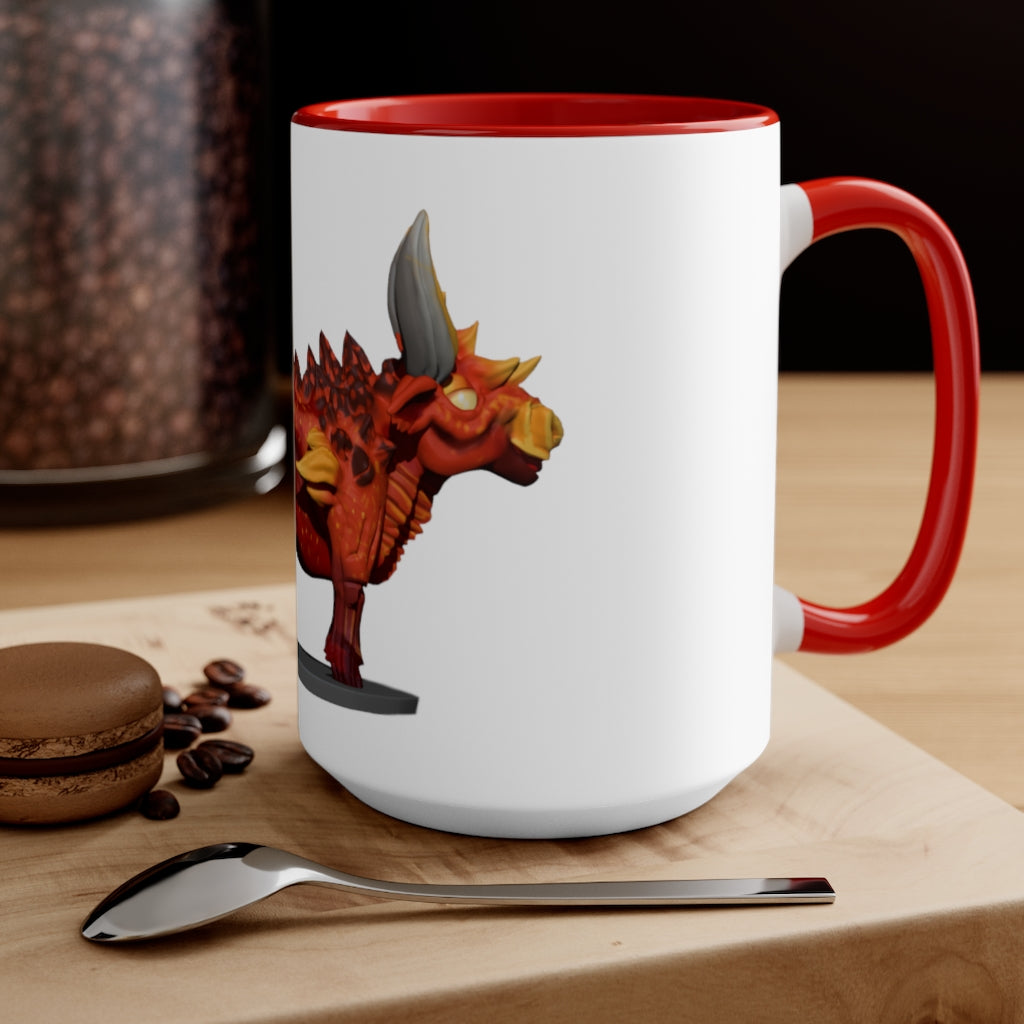 Fire Bull Accent Mug featuring a white exterior with a colored interior, available in red, pink, and black options, showcasing its stylish design.