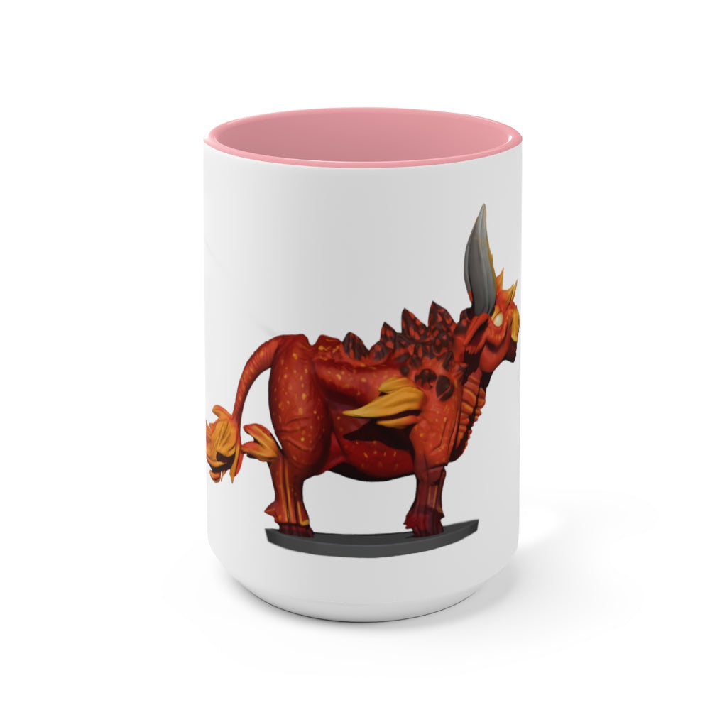 Fire Bull Accent Mug featuring a white exterior with a colored interior, available in red, pink, and black options, showcasing its stylish design.