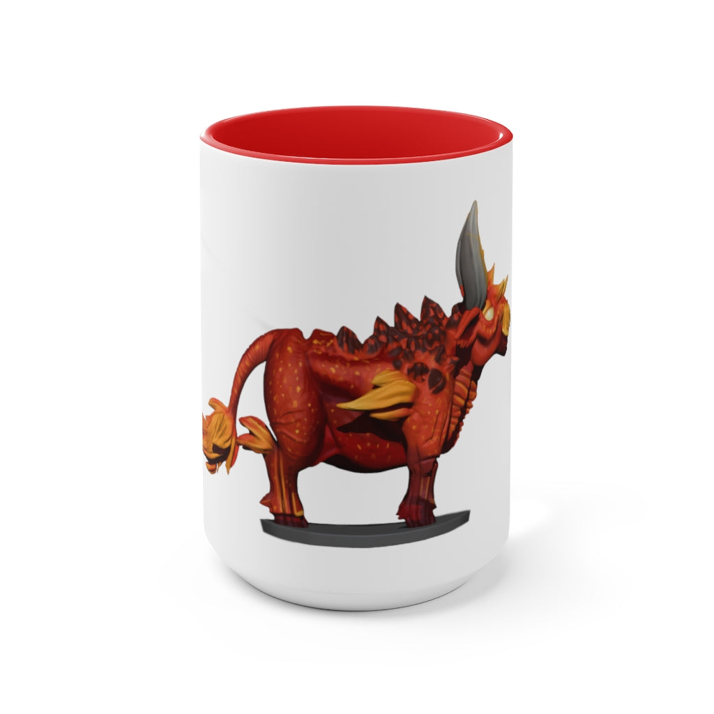 Fire Bull Accent Mug featuring a white exterior with a colored interior, available in red, pink, and black options, showcasing its stylish design.