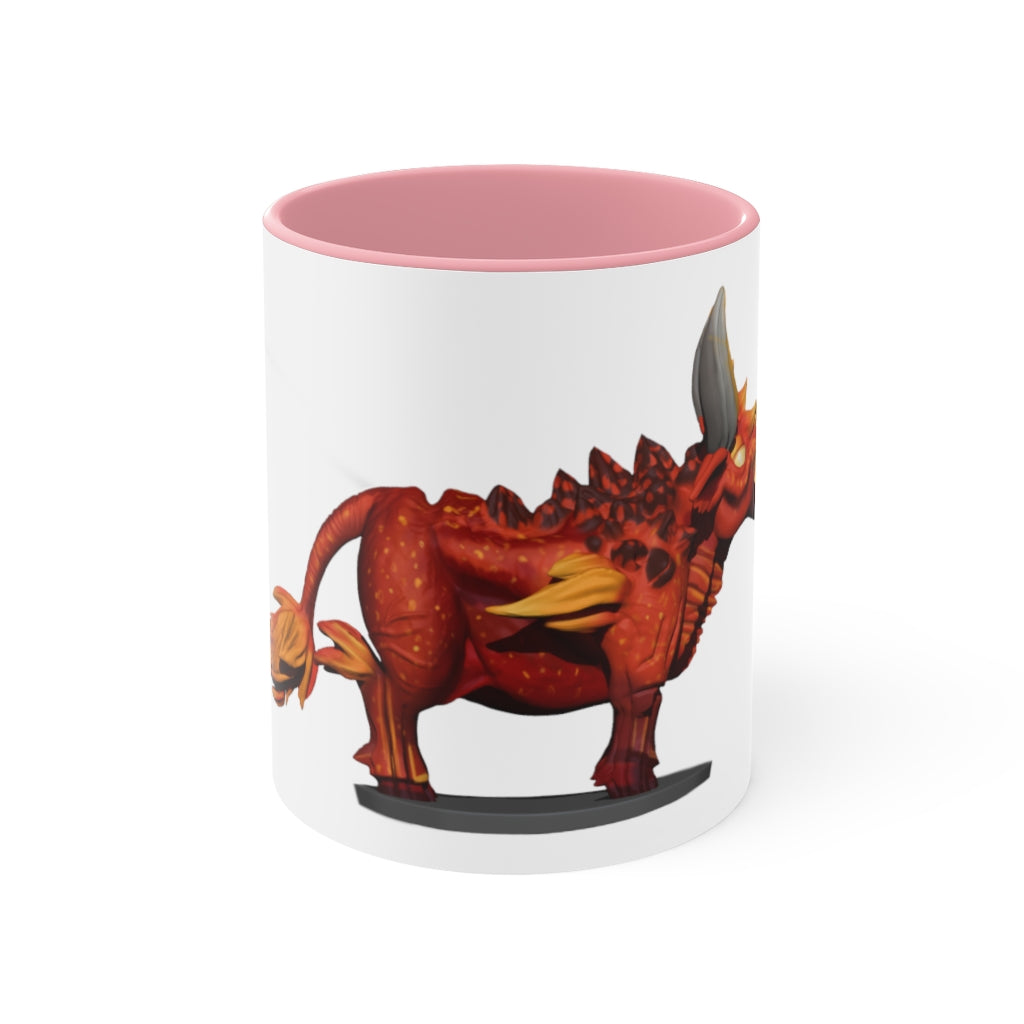 Fire Bull Accent Mug featuring a white exterior with a colored interior, available in red, pink, and black options, showcasing its stylish design.