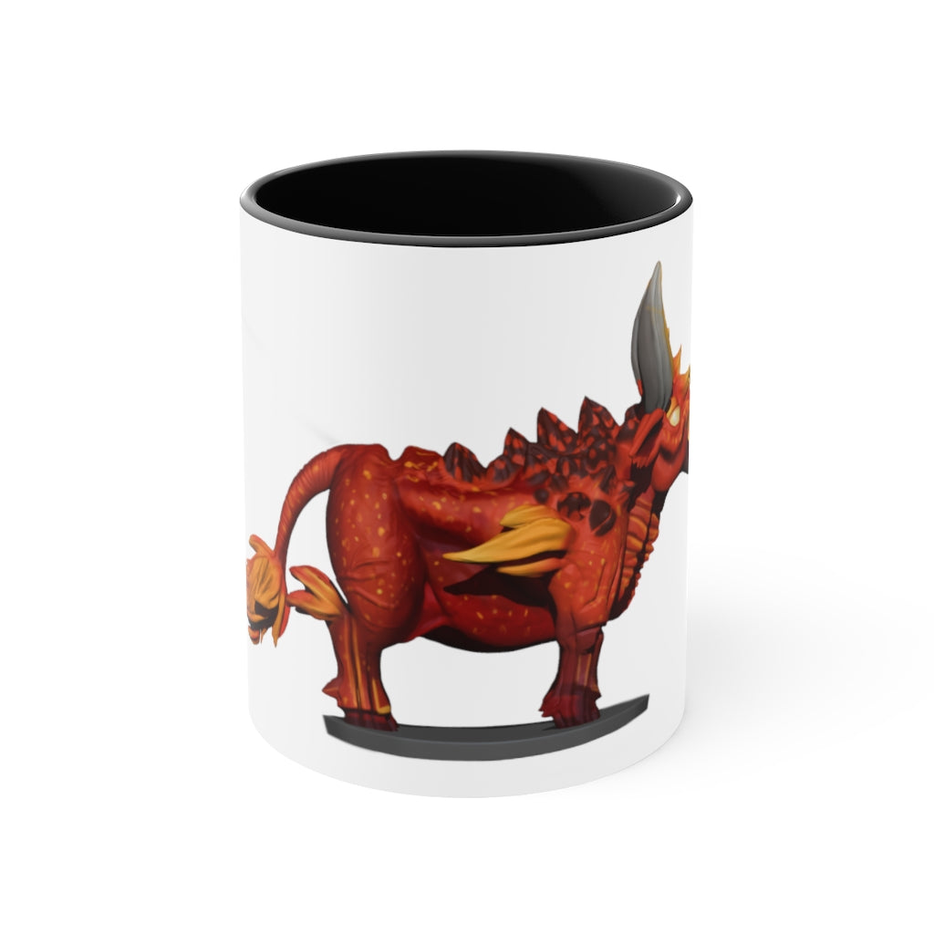 Fire Bull Accent Mug featuring a white exterior with a colored interior, available in red, pink, and black options, showcasing its stylish design.