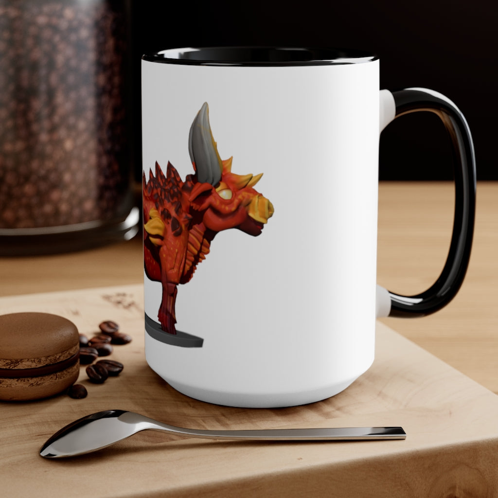 Fire Bull Accent Mug featuring a white exterior with a colored interior, available in red, pink, and black options, showcasing its stylish design.