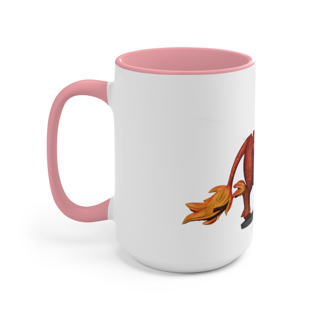 Fire Bull Accent Mug featuring a white exterior with a colored interior, available in red, pink, and black options, showcasing its stylish design.