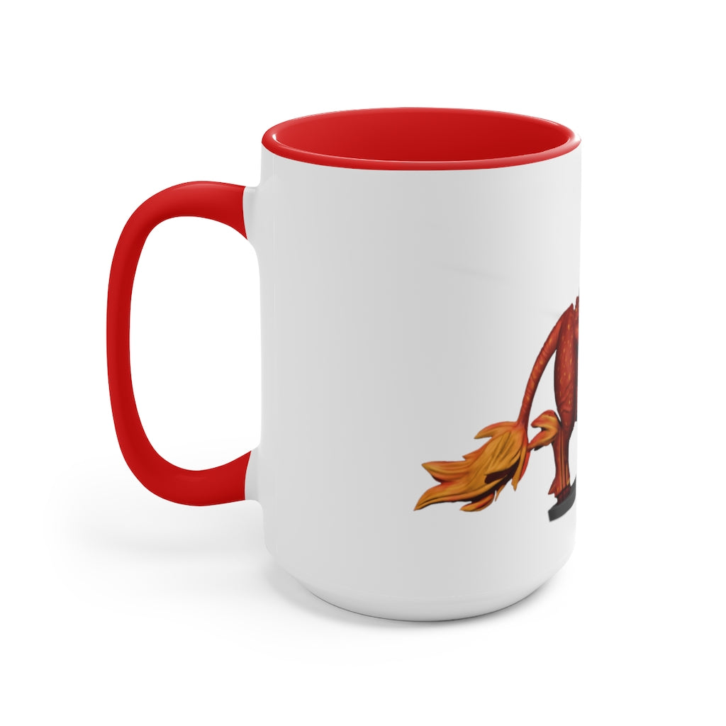 Fire Bull Accent Mug featuring a white exterior with a colored interior, available in red, pink, and black options, showcasing its stylish design.