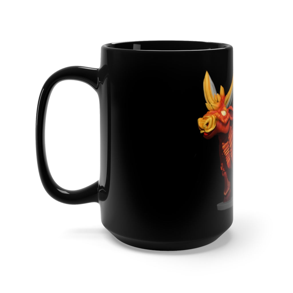 Fire Bull Black Mug 15oz featuring a sleek black ceramic design with rounded corners and a comfortable C-handle.