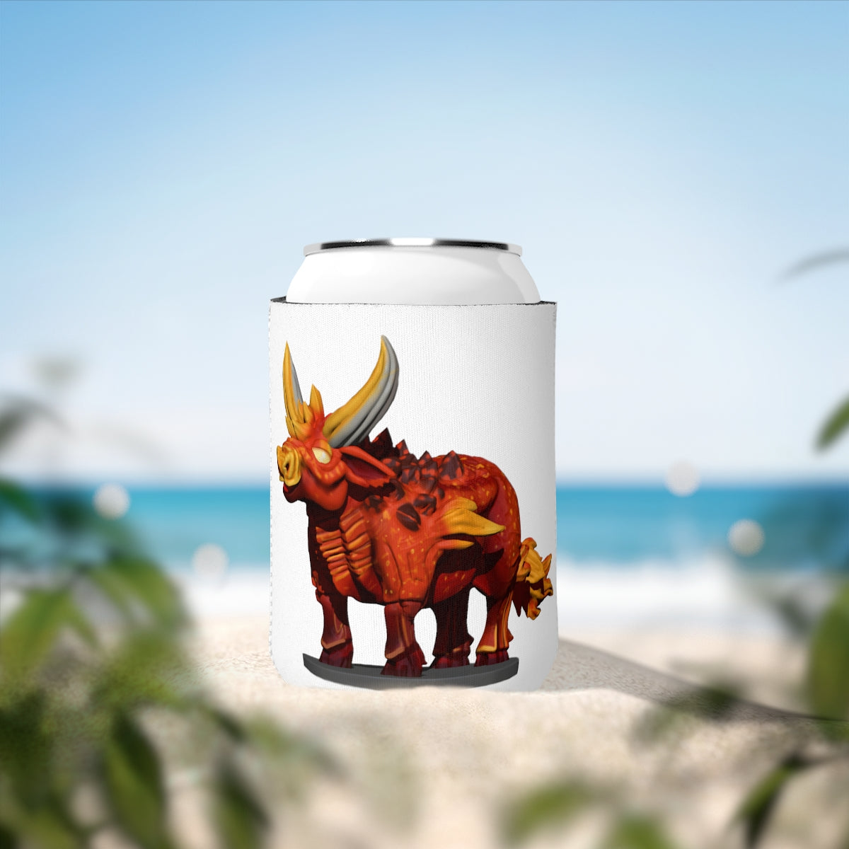 Fire Bull Can Cooler Sleeve made of durable neoprene, designed to fit standard 12 oz cans, featuring a customizable design.