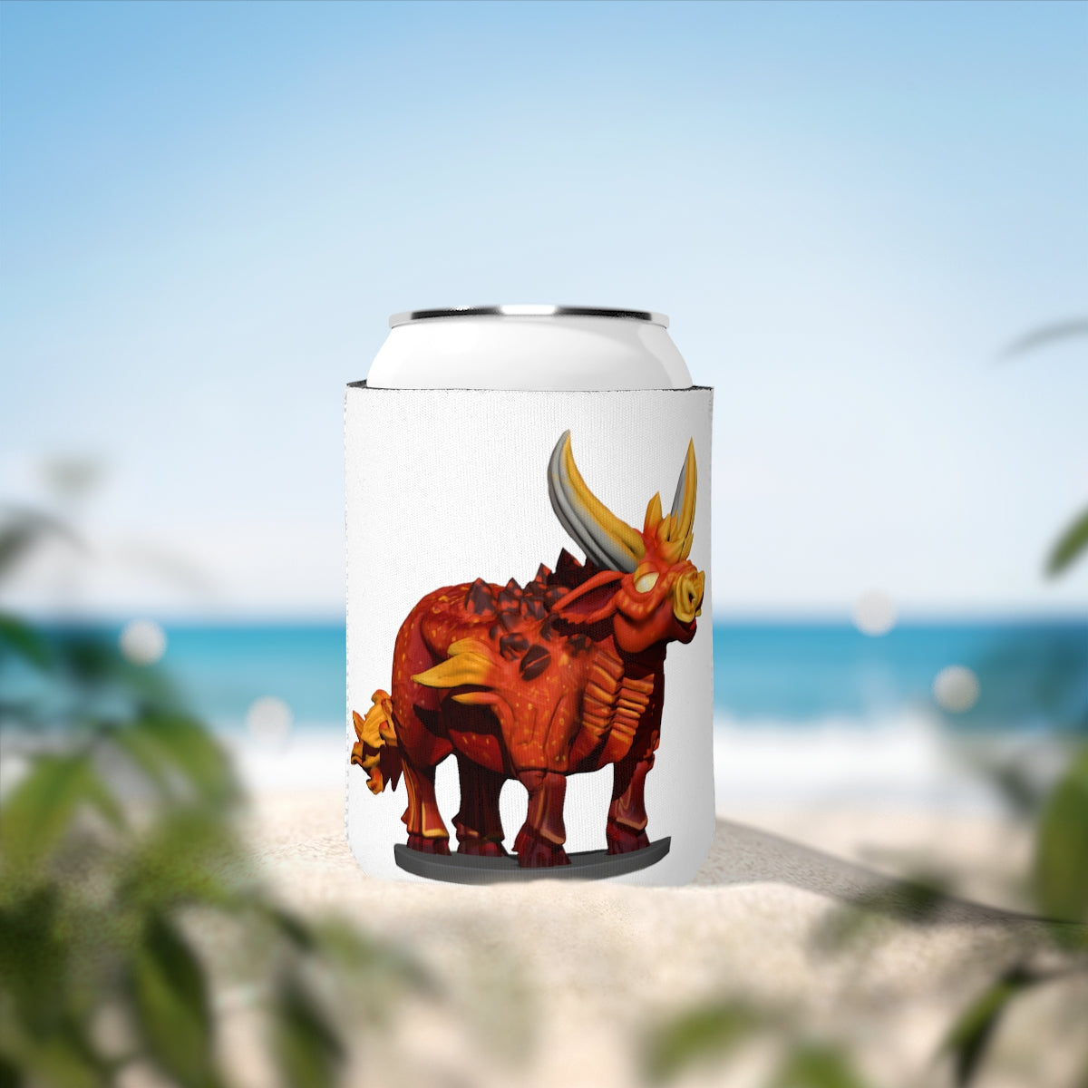 Fire Bull Can Cooler Sleeve made of durable neoprene, designed to fit standard 12oz cans, featuring a customizable exterior.