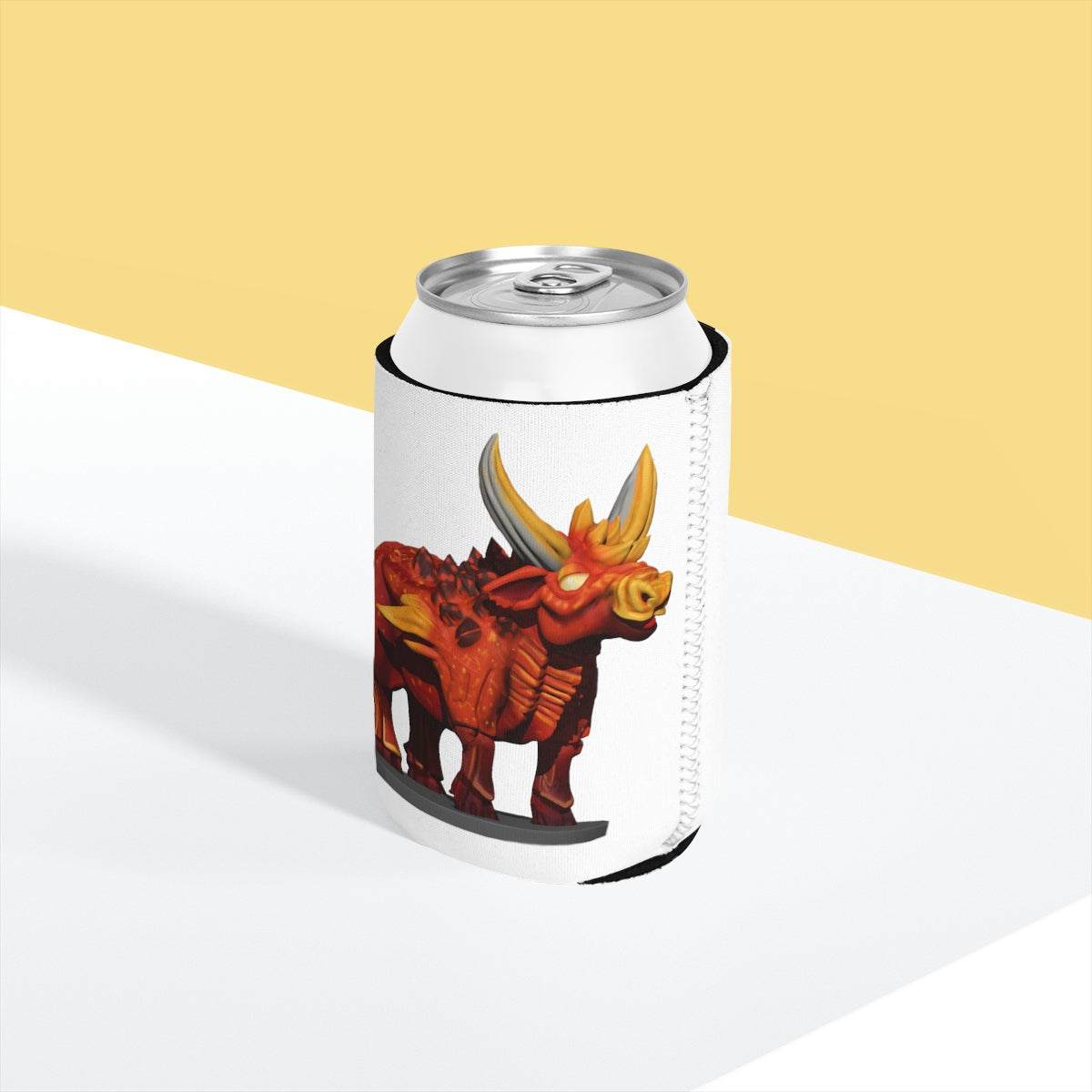 Fire Bull Can Cooler Sleeve made of durable neoprene, designed to fit standard 12oz cans, featuring a customizable exterior.