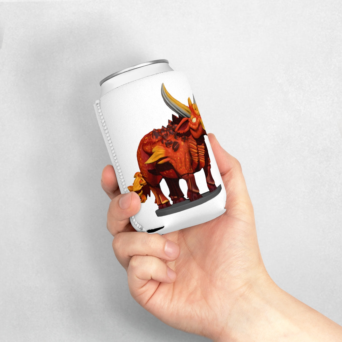 Fire Bull Can Cooler Sleeve made of durable neoprene, designed to fit standard 12oz cans, featuring a customizable exterior.