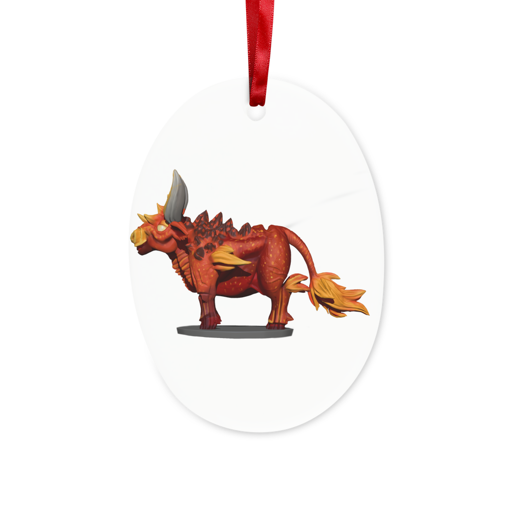 Fire Bull Ceramic Hanging Ornament with red ribbon and gold string, perfect for Christmas decoration.