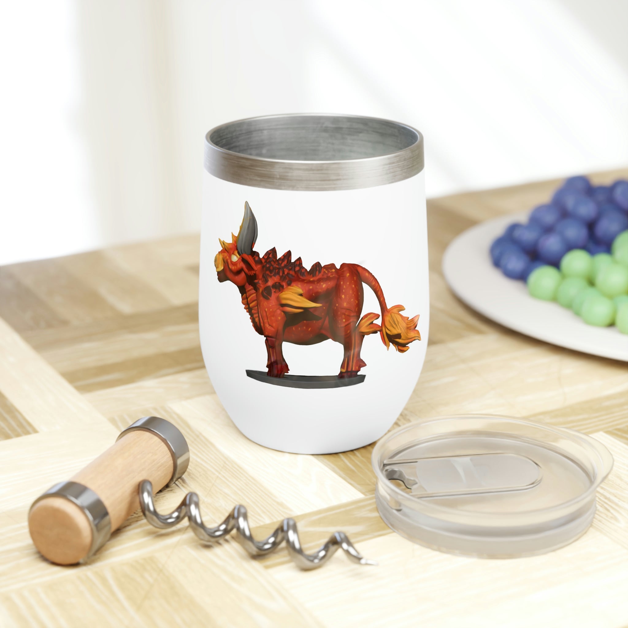 Fire Bull Chill Wine Tumbler in stainless steel with double-insulated walls, showcasing a customizable design.