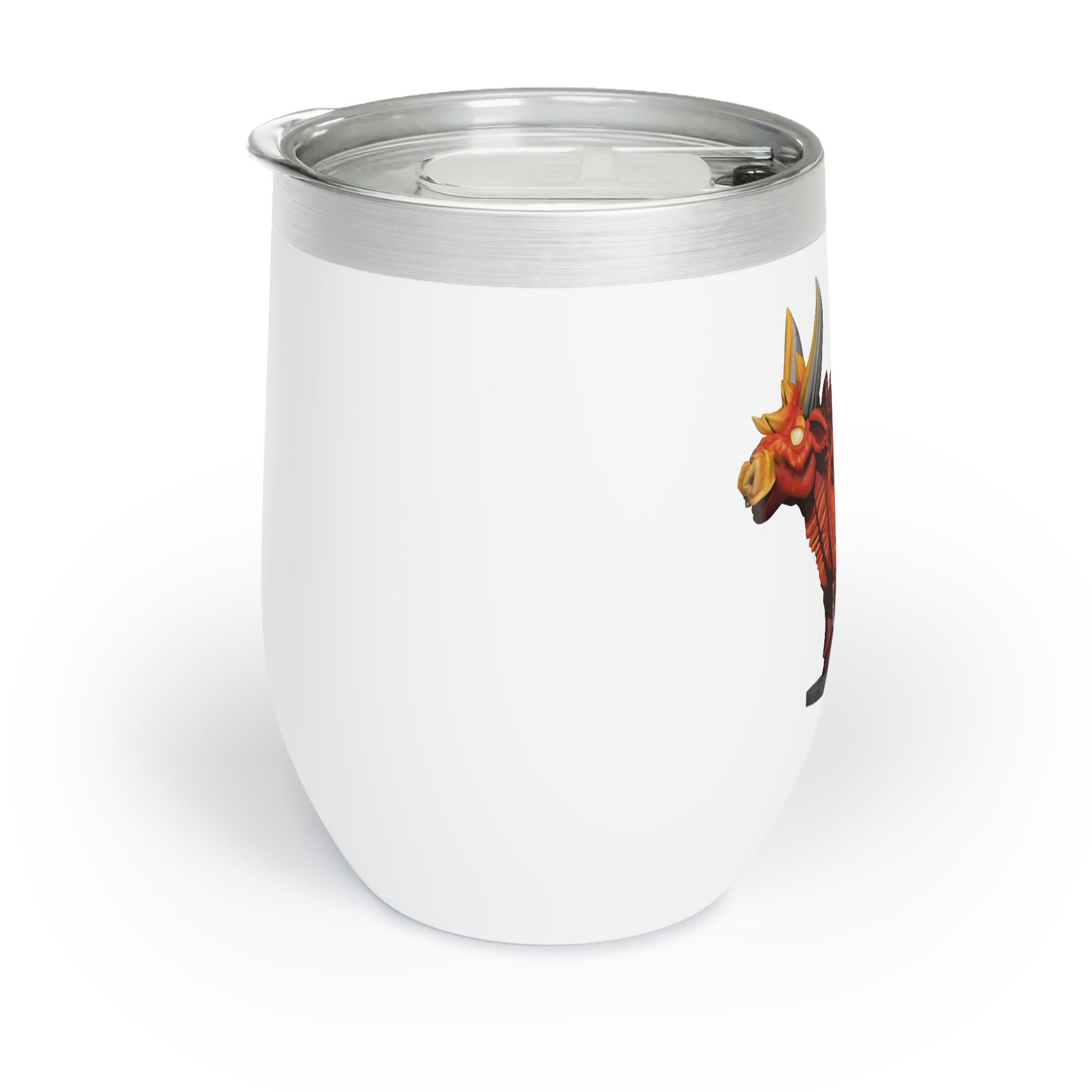 Fire Bull Chill Wine Tumbler in stainless steel with a customizable design, showcasing its double-insulated walls and stemless shape.