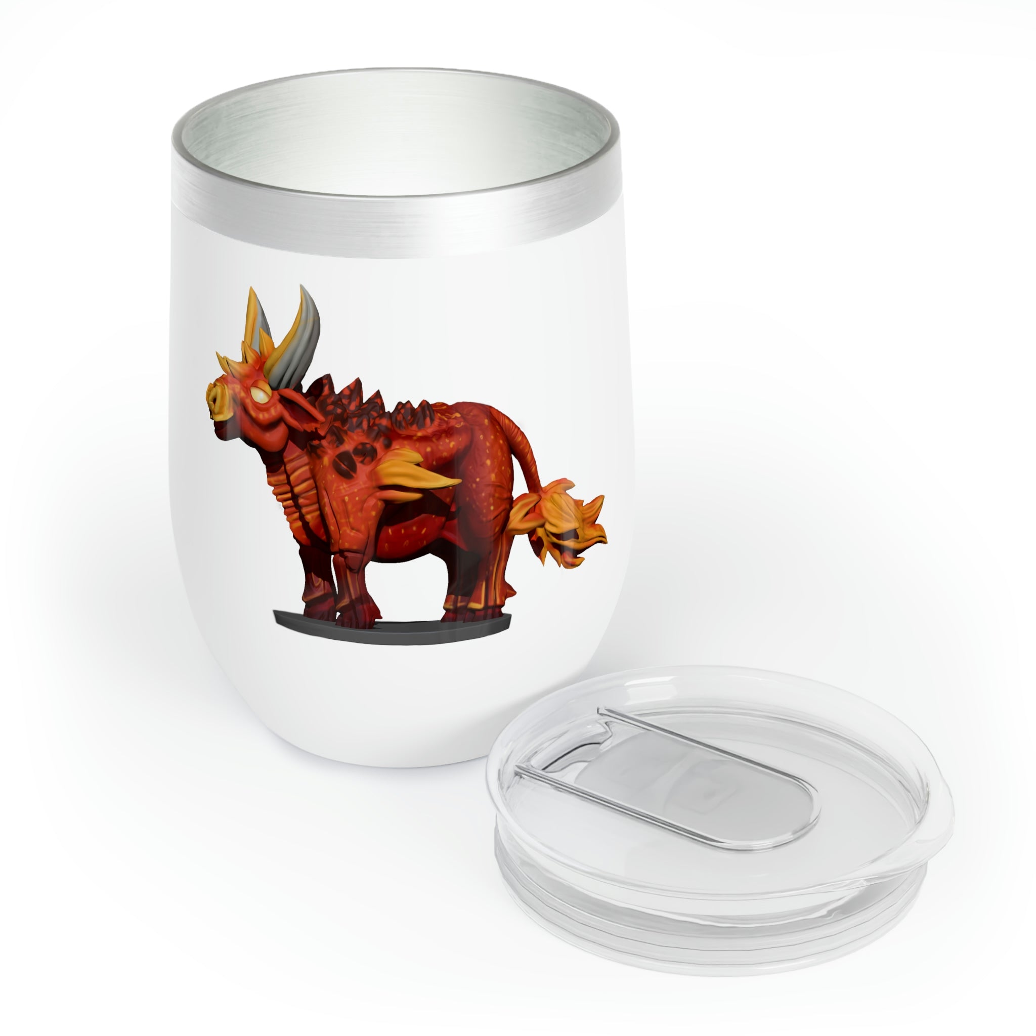 Fire Bull Chill Wine Tumbler in stainless steel with a customizable design, showcasing its double-insulated walls and stemless shape.