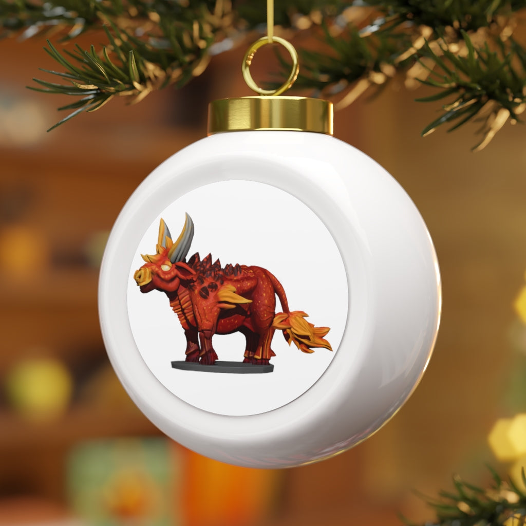 A 3-inch glossy Fire Bull Christmas Ball Ornament with a gold ribbon, featuring a vintage design and a customizable metal insert.