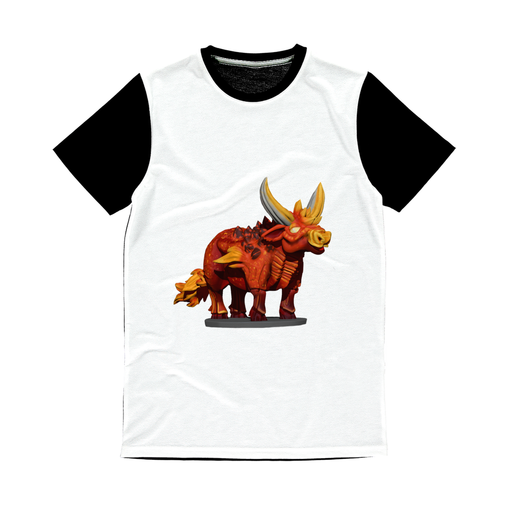 Fire Bull Classic Sublimation Panel T-Shirt featuring a vibrant front design and plain black back, ideal for custom printing.