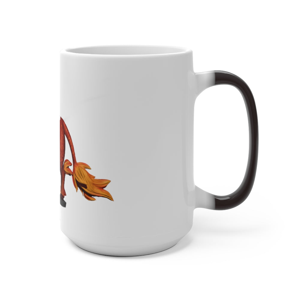 Fire Bull Color Changing Mug showcasing its vibrant color transformation when filled with hot liquid, featuring a white ceramic body and C-handle.