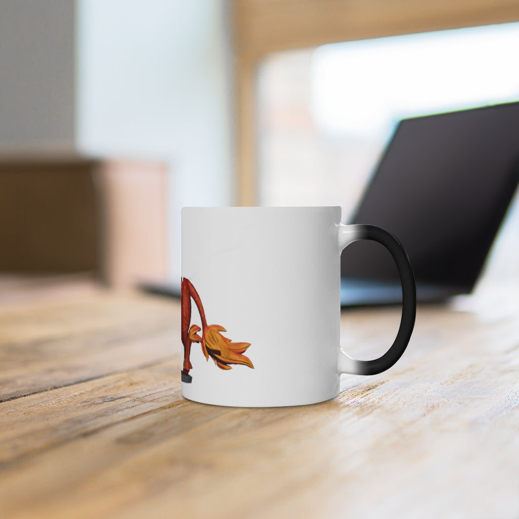 Fire Bull Color Changing Mug showcasing its vibrant color transformation when filled with hot liquid, featuring a white ceramic body and C-handle.