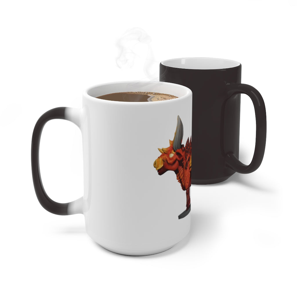 Fire Bull Color Changing Mug showcasing its vibrant color transformation when filled with hot liquid, featuring a white ceramic body and C-handle.