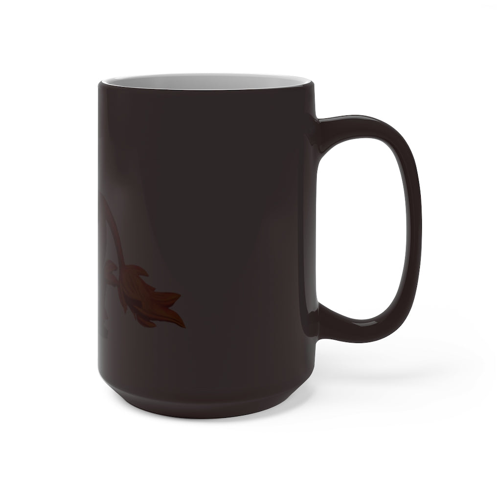 Fire Bull Color Changing Mug showcasing its vibrant color transformation when filled with hot liquid, featuring a white ceramic body and C-handle.