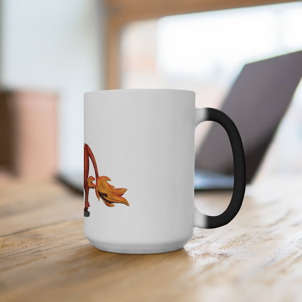 Fire Bull Color Changing Mug showcasing its vibrant color transformation when filled with hot liquid, featuring a white ceramic body and C-handle.