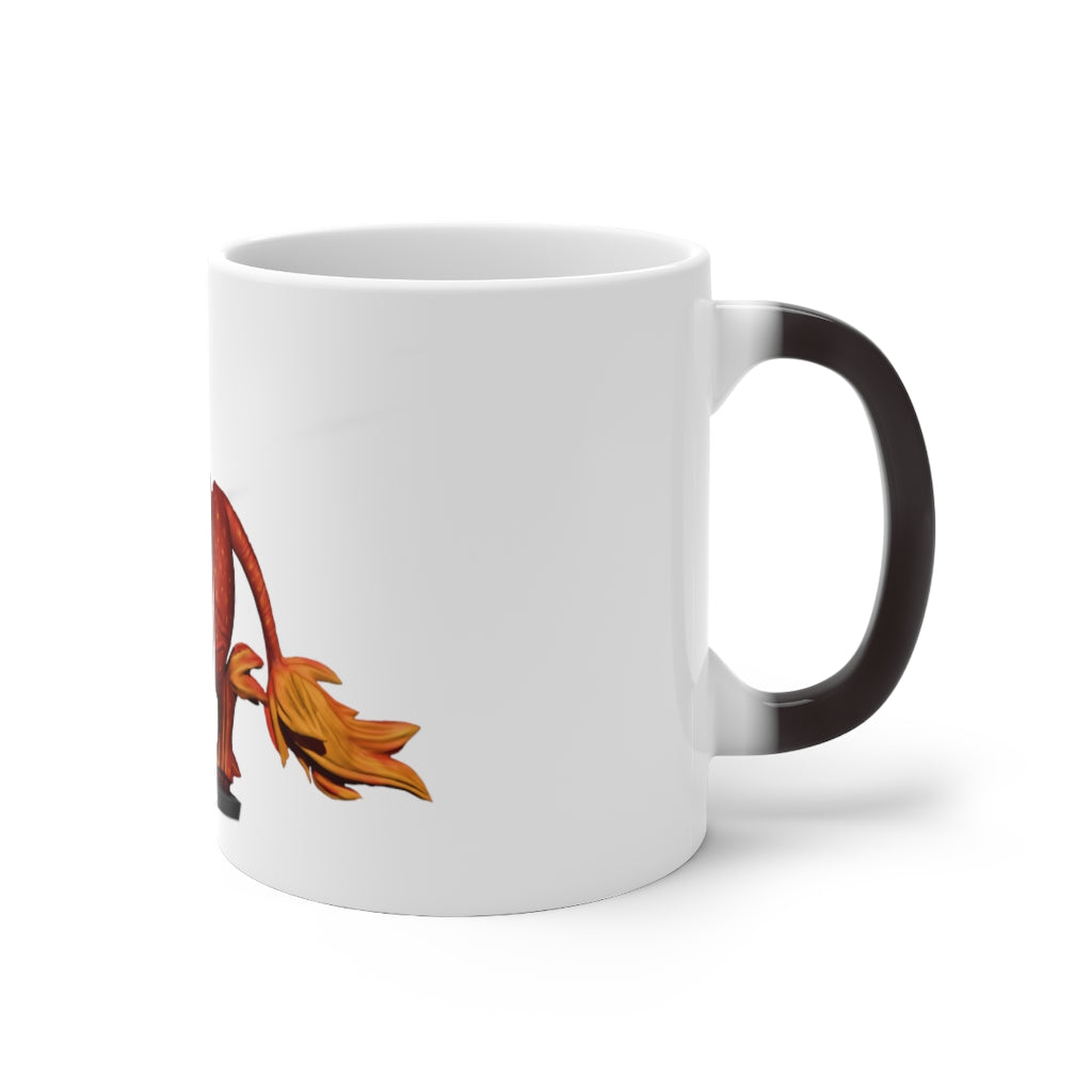 Fire Bull Color Changing Mug showcasing its vibrant color transformation when filled with hot liquid, featuring a white ceramic body and C-handle.