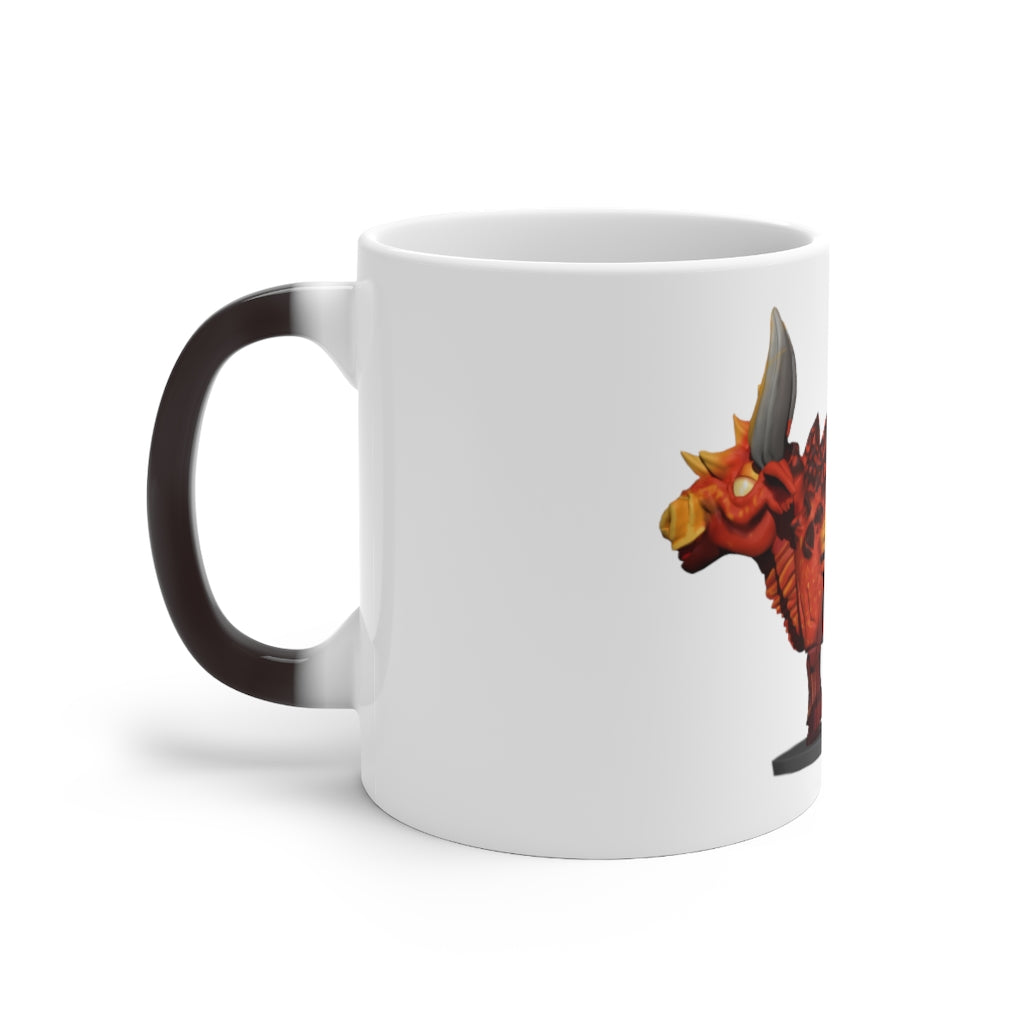 Fire Bull Color Changing Mug showcasing its vibrant color transformation when filled with hot liquid, featuring a white ceramic body and C-handle.