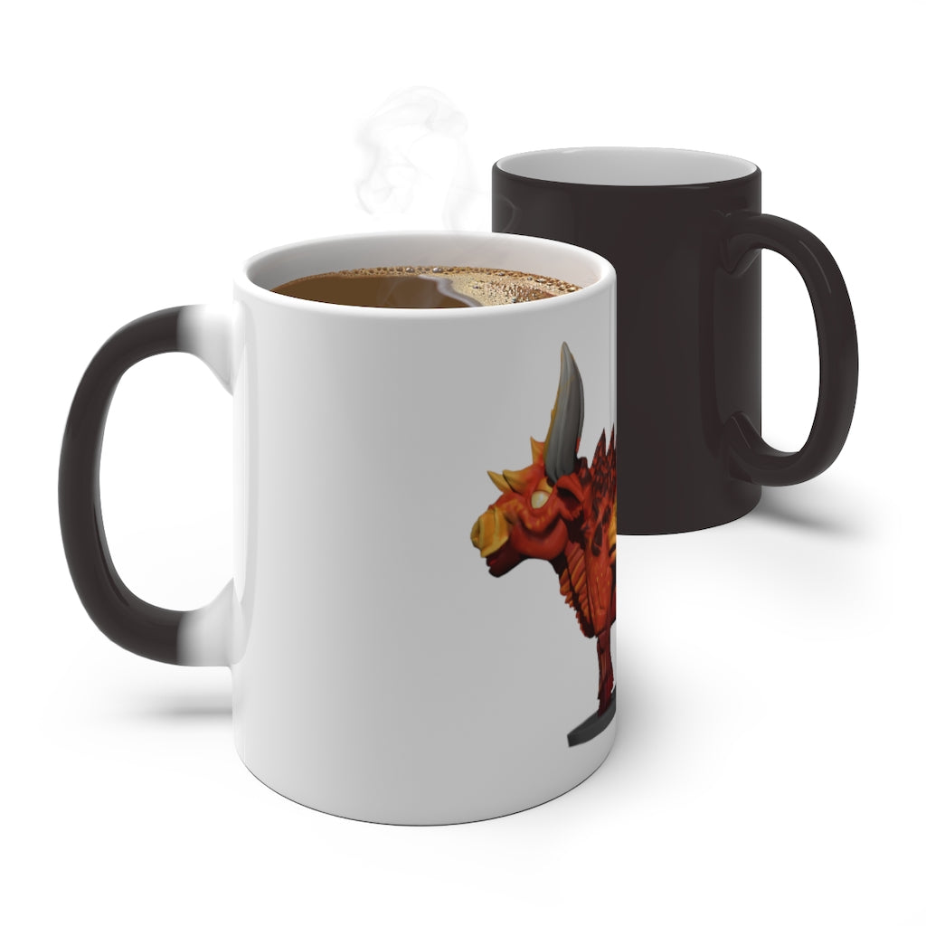 Fire Bull Color Changing Mug showcasing its vibrant color transformation when filled with hot liquid, featuring a white ceramic body and C-handle.