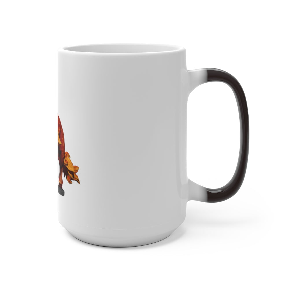 Fire Bull Color Changing Mug showcasing vibrant colors when filled with hot liquid, featuring a C-handle and rounded corners.