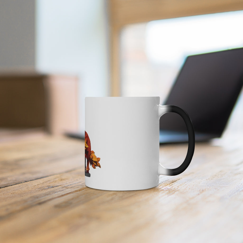 Fire Bull Color Changing Mug showcasing vibrant colors when filled with hot liquid, featuring a C-handle and rounded corners.