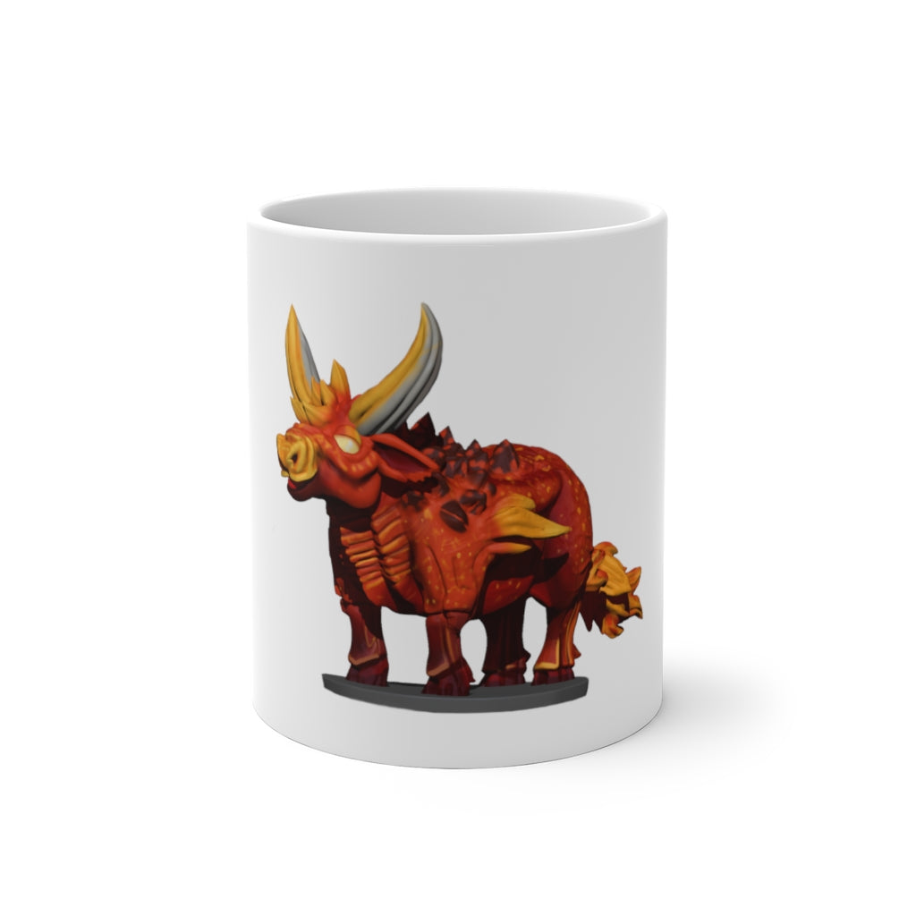 Fire Bull Color Changing Mug showcasing vibrant colors when filled with hot liquid, featuring a C-handle and rounded corners.