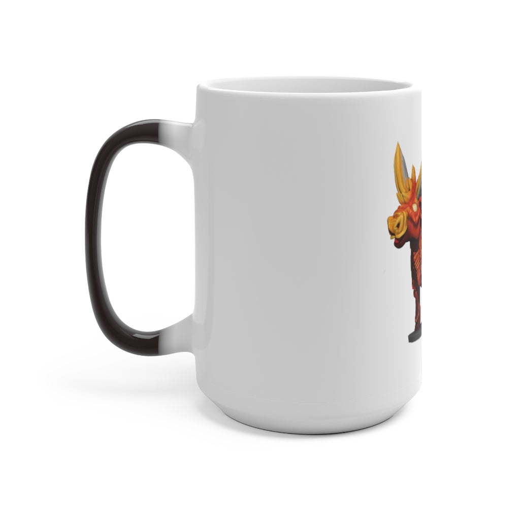 Fire Bull Color Changing Mug showcasing vibrant colors when filled with hot liquid, featuring a C-handle and rounded corners.