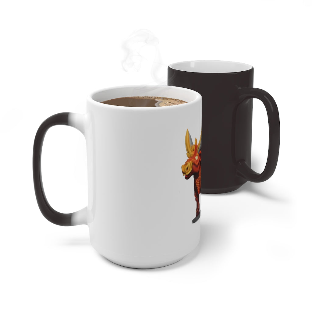 Fire Bull Color Changing Mug showcasing vibrant colors when filled with hot liquid, featuring a C-handle and rounded corners.