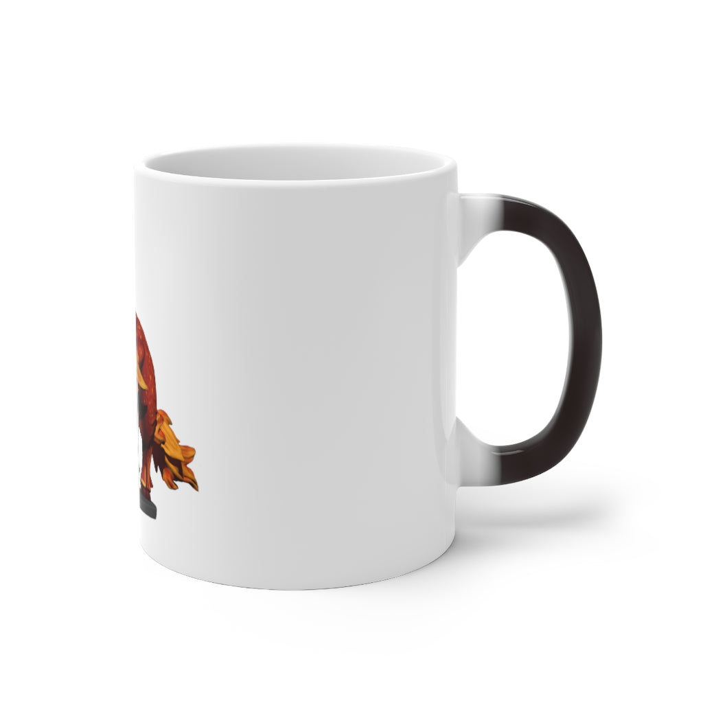 Fire Bull Color Changing Mug showcasing vibrant colors when filled with hot liquid, featuring a C-handle and rounded corners.