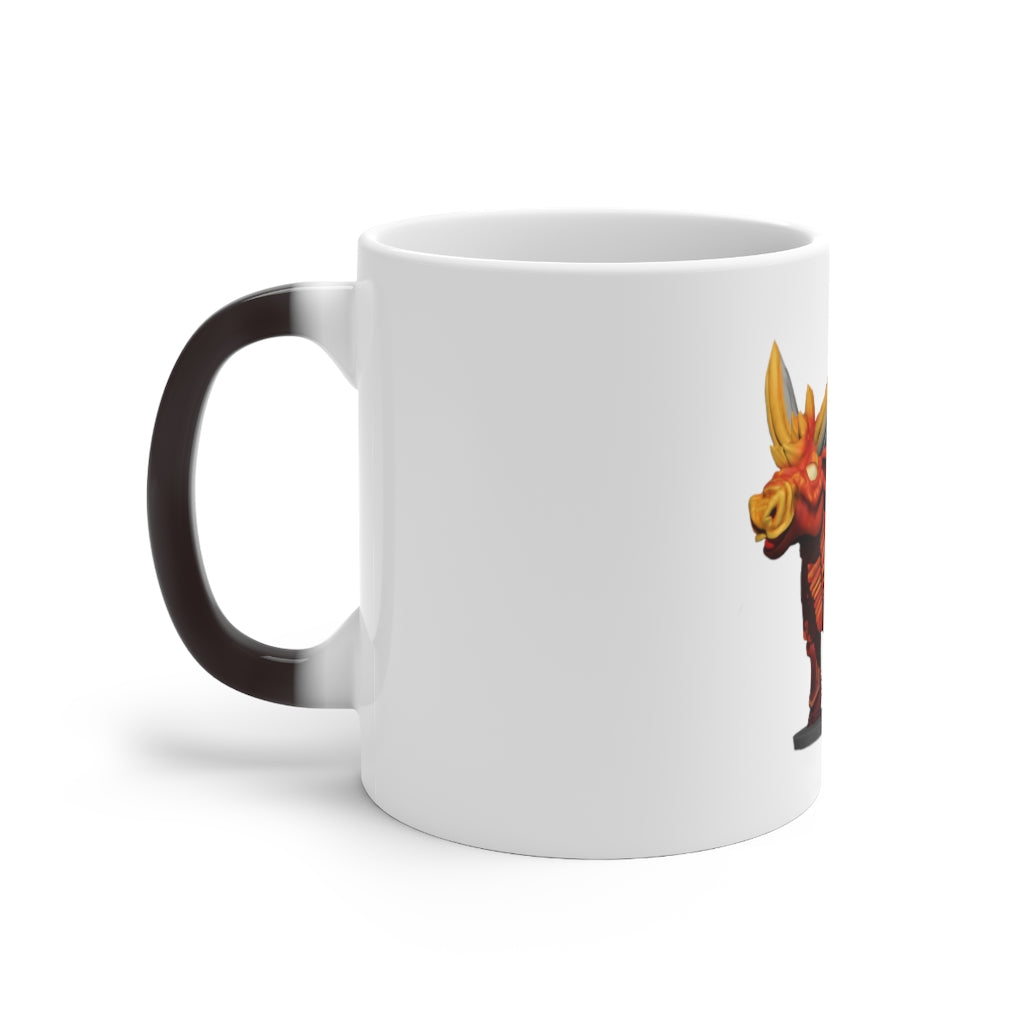 Fire Bull Color Changing Mug showcasing vibrant colors when filled with hot liquid, featuring a C-handle and rounded corners.