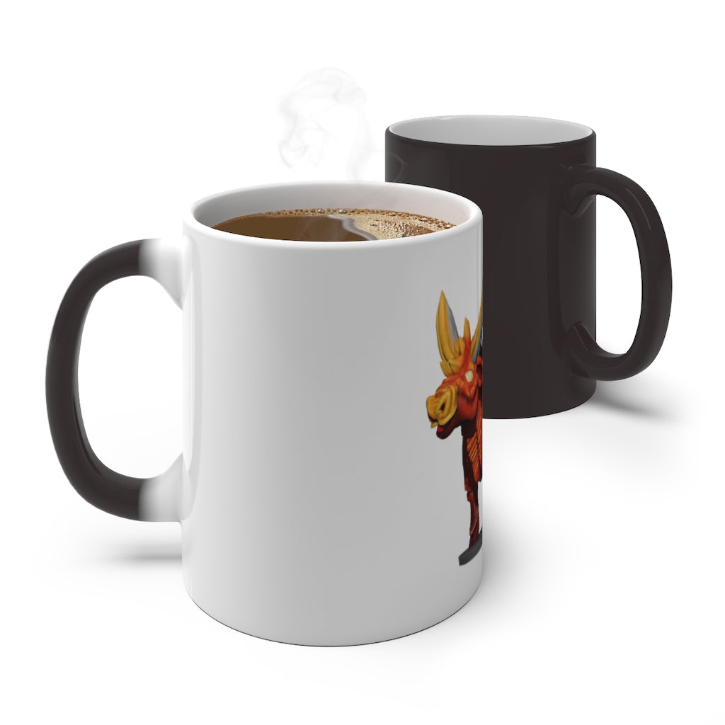 Fire Bull Color Changing Mug showcasing vibrant colors when filled with hot liquid, featuring a C-handle and rounded corners.