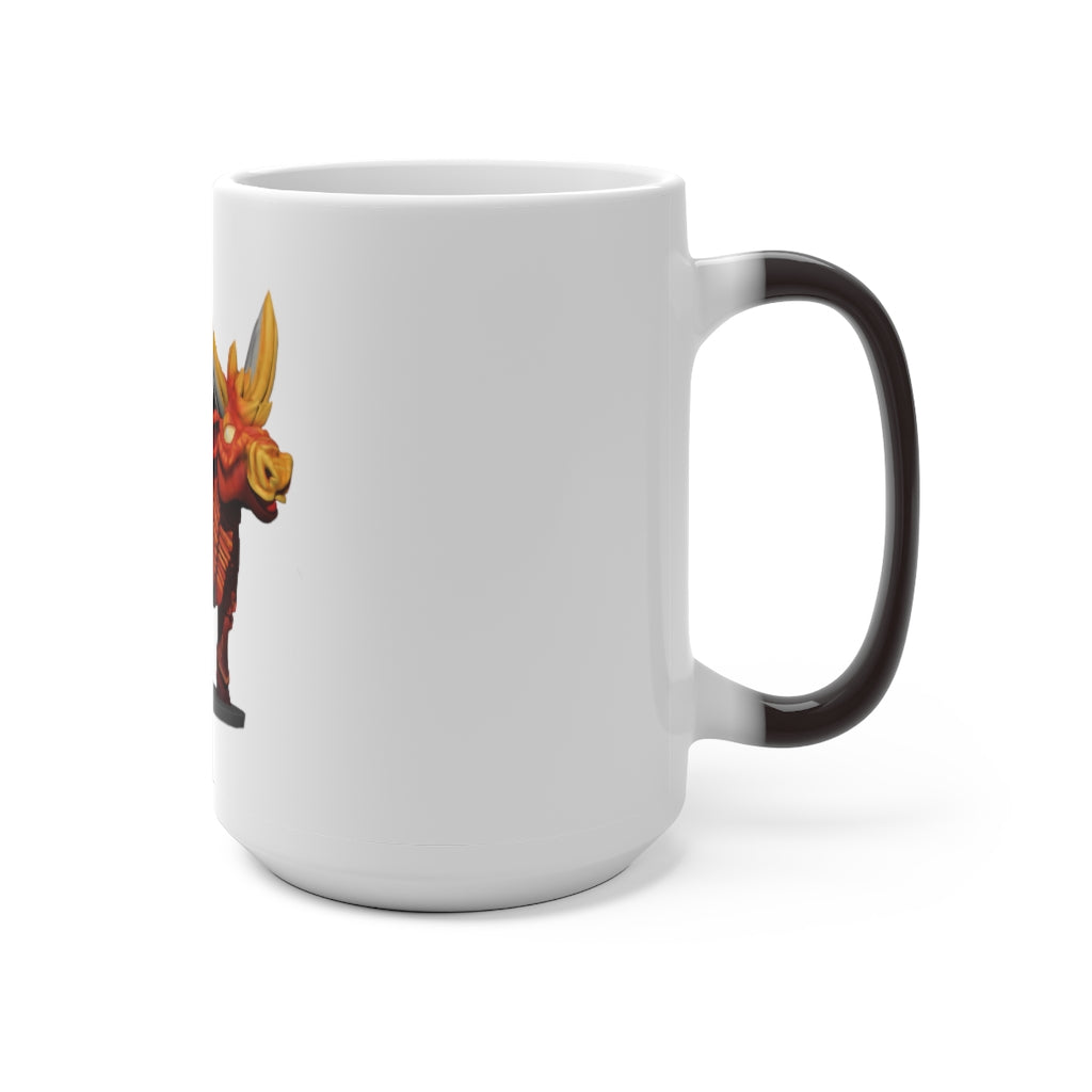 Fire Bull Color Changing Mug showcasing vibrant colors when filled with hot liquid, featuring a C-handle and rounded corners.