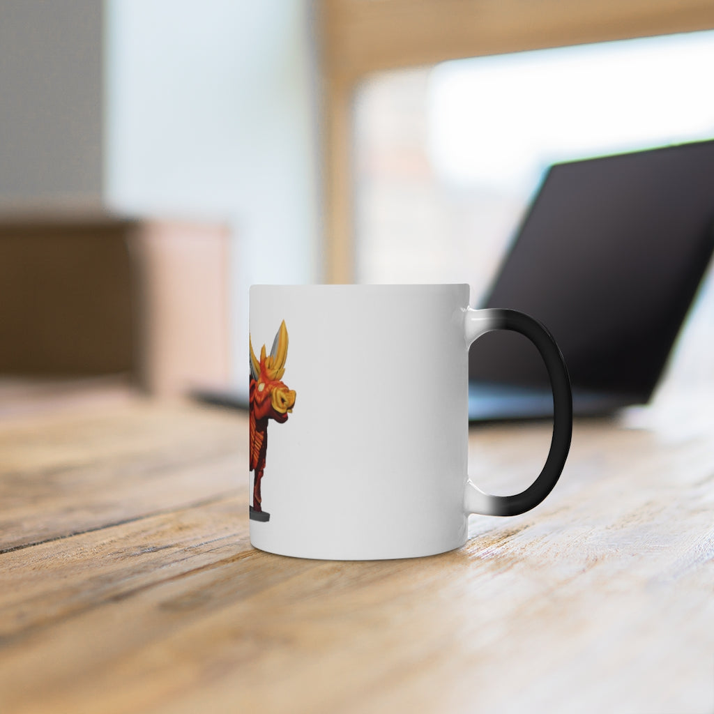 Fire Bull Color Changing Mug showcasing vibrant colors when filled with hot liquid, featuring a C-handle and rounded corners.