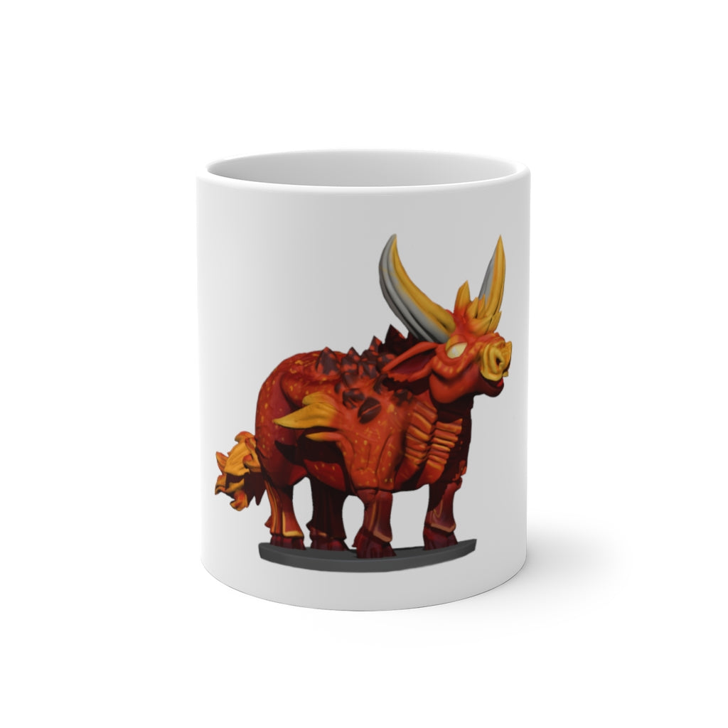 Fire Bull Color Changing Mug showcasing vibrant colors when filled with hot liquid, featuring a C-handle and rounded corners.